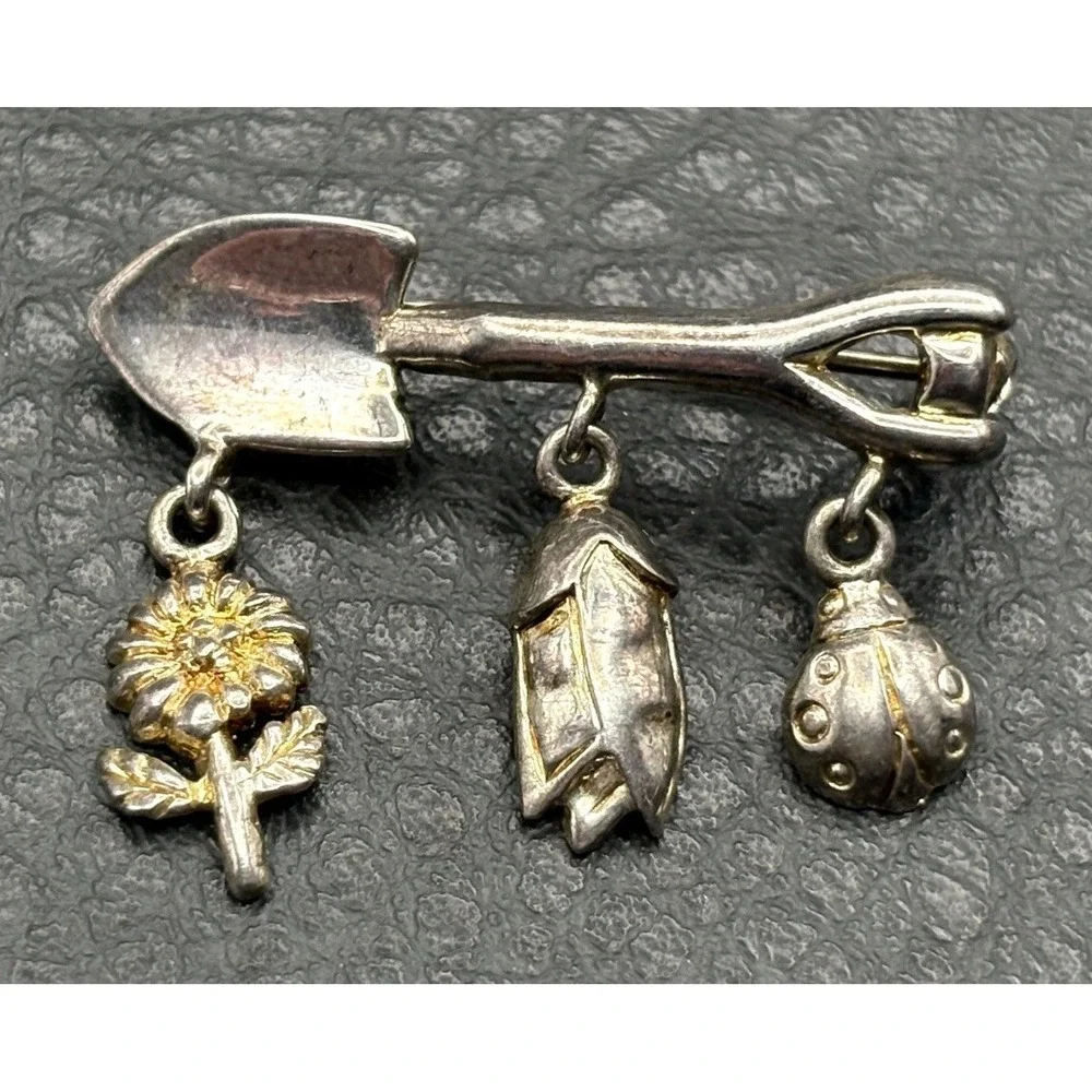 VTG Sterling Silver Garden Tool LADYBUG SHOVEL Sunflower Dangle Charm Brooch